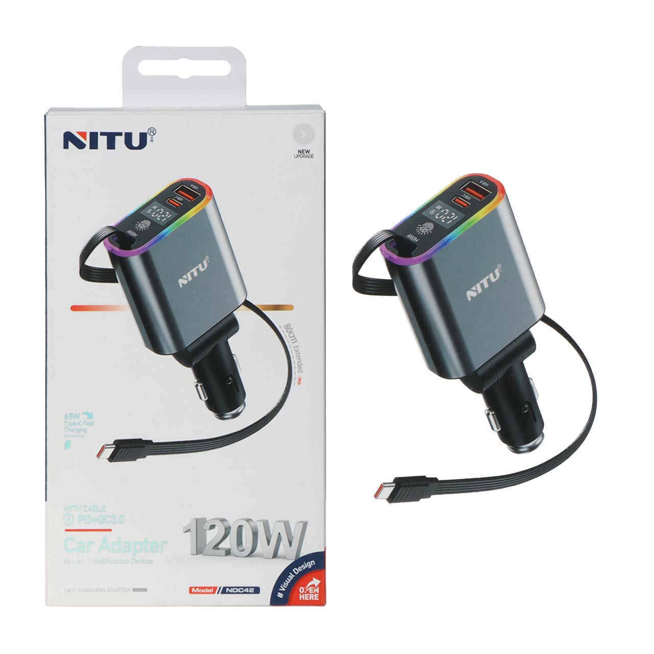 شارژر فندکی پی دی و فست سه پورت نیتو ۱۲۰ وات مدل NDC42 به همراه کابل شارژ متصل Type-C