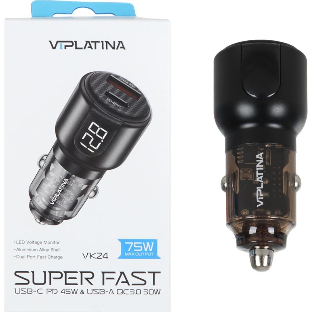 شارژر فندکی فست و PD دو پورت VIPLATINA مدل VK24 75W - مشکی